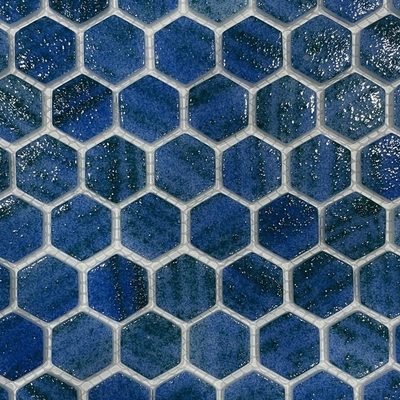 Pâte de verre en hexagones 30 mm, bleue, sérigraphiée. Pour piscines, hammams et douches.
