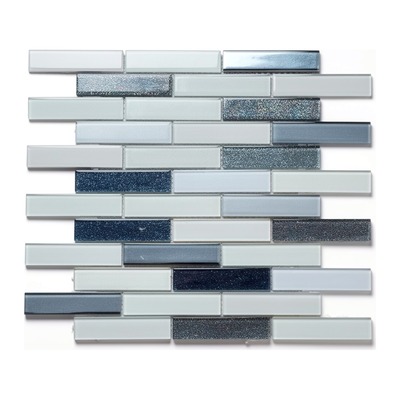 Baguettes linéaires blanc nacré, gris bleuté et bleu nuit pailleté, accents chromés