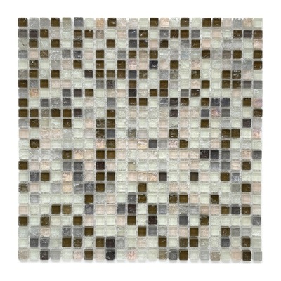 Carrés 15 mm cristal craquelé transparent et blanc, accents gris, olive et rosé irisés