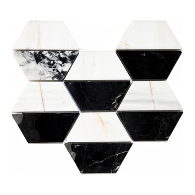 Sept grands hexagones bicolores : moitié marbre blanc, moitié Noir Marquina