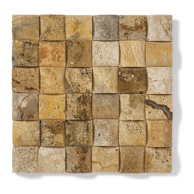 Carrés bombés 3D 48 mm, travertin scabos rustique beige, ocre et gris