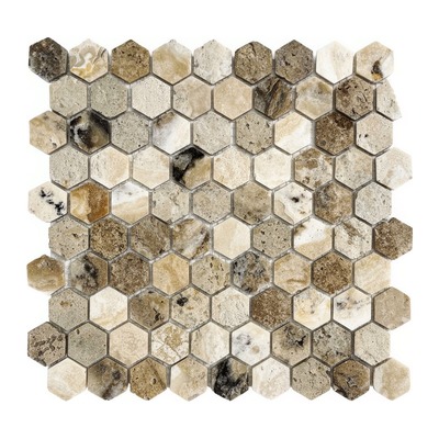 Hexagones 48 mm mêlant calcaire crème, travertin, onyx miel et marbre brun