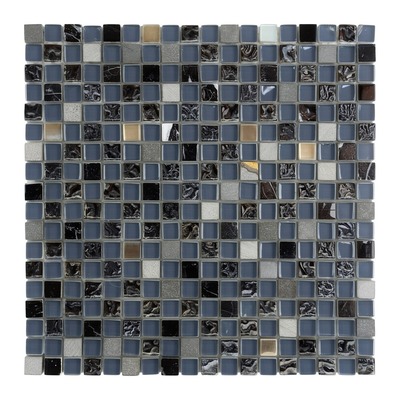 Carrés 15 mm cristal bleu-gris, pierre noire, argent brossé et cristal noir ondulé