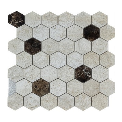 Hexagones 48 mm de calcaire fossilisé crème, accents emperador foncé
