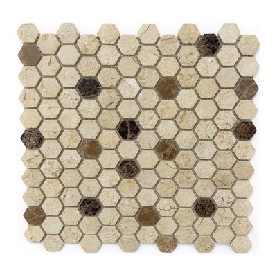 Mini-hexagones 23 mm de calcaire crème, accents emperador