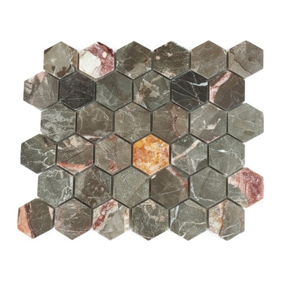 Hexagones 48 mm de sarrancolin gris-brun, veines rouille et rosées, accent onyx
