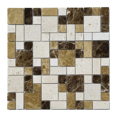 Modulaire multiformat : calcaire crème, emperador beige et foncé, carrés blancs nervurés