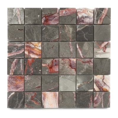 Trame 6x6 de sarrancolin gris mauve, veines d'onyx rouge orangé