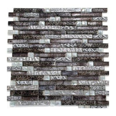 Baguettes linéaires paillettes noires, feuille argentée, relief baroque et cristaux