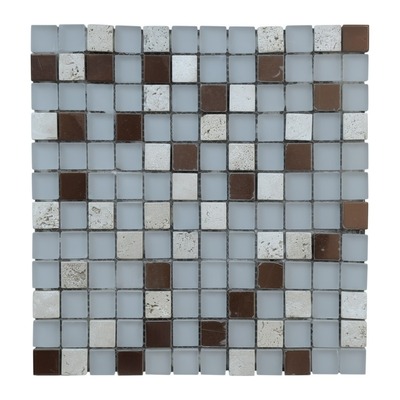 Carrés 23 mm de cristal blanc satiné, accents brun brillant et travertin beige