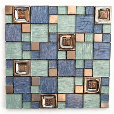 Modulaire cristal strié bleu nuit et vert d'eau, cabochons carrés en relief cuivre
