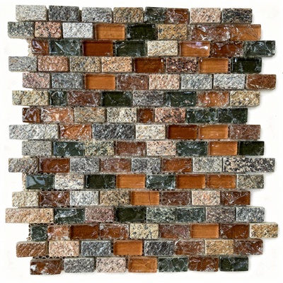 Mini-briques de pierre mêlées : terracotta veiné, vert foncé et granit gris moucheté