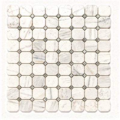 Octogones de marbre blanc veiné, petits cabochons gris aux intersections