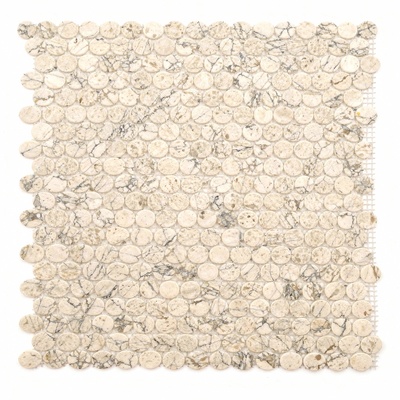 Ronds penny de marbre blanc crème, veines beige et grises