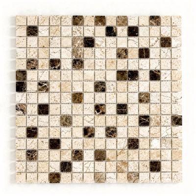 Trame de carreaux de marbre crème et beige, accents emperador brun