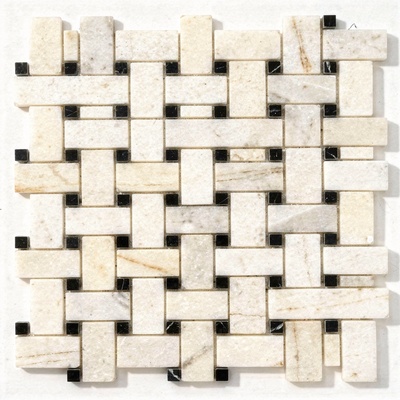 Tressage panier de baguettes de marbre blanc, cabochons carrés noirs aux croisements