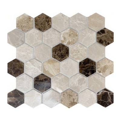 Hexagones 48 mm crème brillant, accents emperador