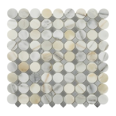 Ronds et cabochons : cercles de marbre blanc crème et petits carrés gris