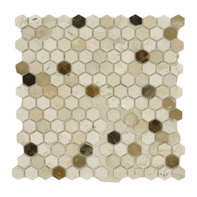 Mini-hexagones de calcaire crème, accents emperador