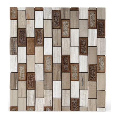 Colonnes verticales de pierre beige-brun veinée bois et cristal craquelé brun