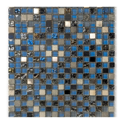 Mini-carrés de cristal bleu-gris, pierre noire et beige, acier