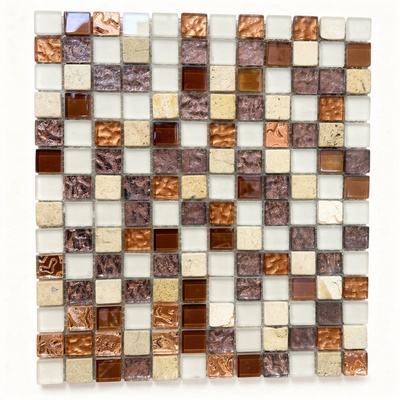 Mini-carrés blanc dépoli, cuivre et brun avec pierre beige
