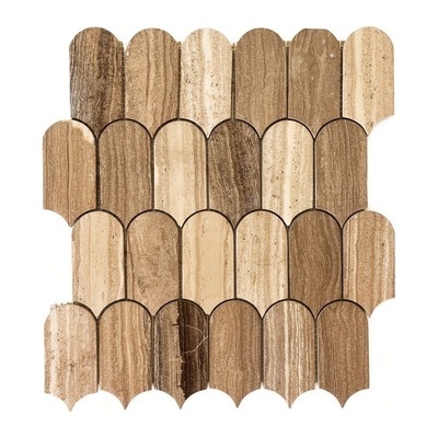 Plumes d'écailles en travertin brillant beige et brun veiné bois