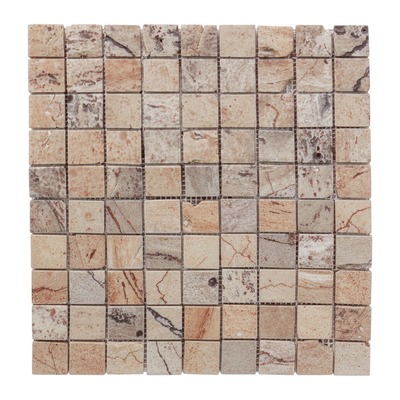 Mosaïque trame 4,8 cm, marbre beige rosé aux veines brun-rouge, finition vieillie