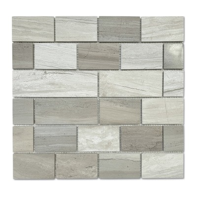 Mosaïque brique métro 5x10 cm, marbre gris beige veiné bois, finition adoucie
