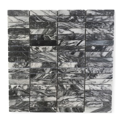 Mosaïque de baguettes empilées, marbre noir et blanc tourbillonné, finition adoucie