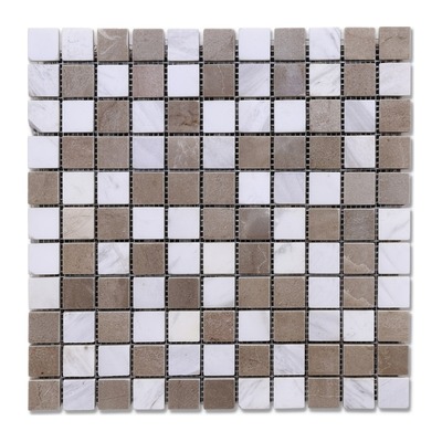 Mosaïque damier 2,3 cm, dolomite blanche et pierre gris taupe, finition adoucie