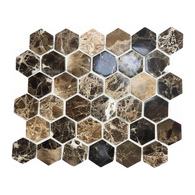 Mosaïque hexagonale, mélange de marbres crème, beige et emperador brun, finition adoucie