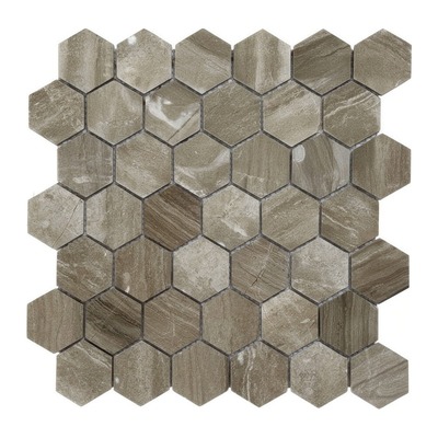 Mosaïque hexagonale en marbre taupe greige veiné bois, finition adoucie