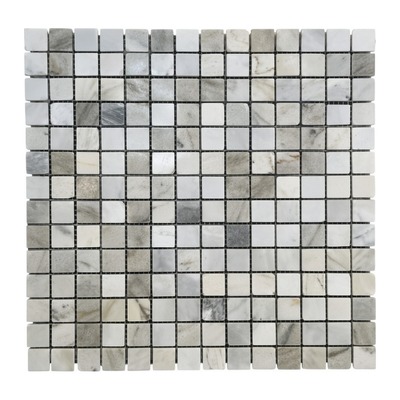 Mosaïque trame 2,3 cm, mélange de marbres Calacatta blanc, beige et gris, finition adoucie