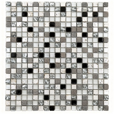 Mosaïque mini-carrés 1,5 cm, cristal blanc et argent, pierre grise et accents foncés
