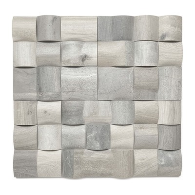 Mosaïque briques ondulées 3D, marbre gris clair veiné bois, faces bombées polies