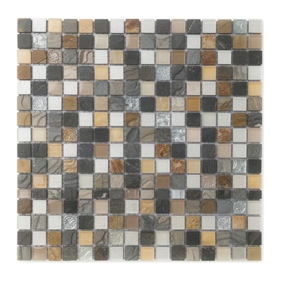Mosaïque mixte : ardoise foncée, cristal nacré irisé, paillettes et décors gaufrés