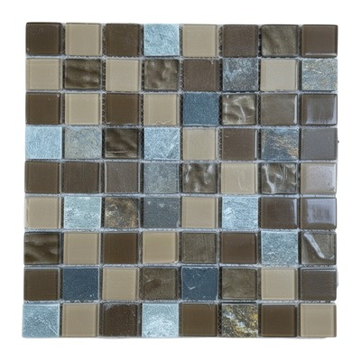 Mosaïque mixte cristal et pierre, carrés beige, brun et gris, cristal craquelé