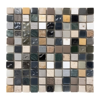 Mini-mosaïque mixte pierre et cristal : marbre vert, cristal beige, blanc et noir