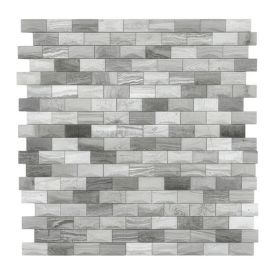 Mosaïque briques nœud papillon biseautées 3D, marbre gris veiné bois, finition polie