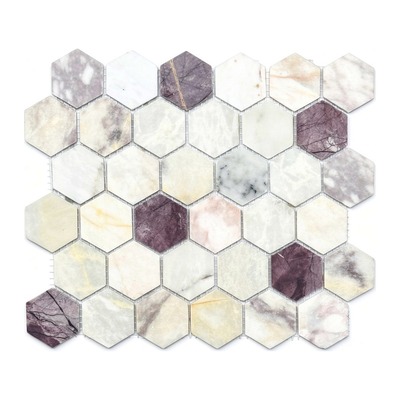 Mosaïque hexagonale 5 cm, marbres blanc, crème et lilas violacé, finition adoucie