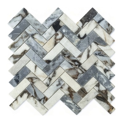 Mosaïque bâtons rompus, marbre blanc crémeux et gris veiné brun doré, finition polie