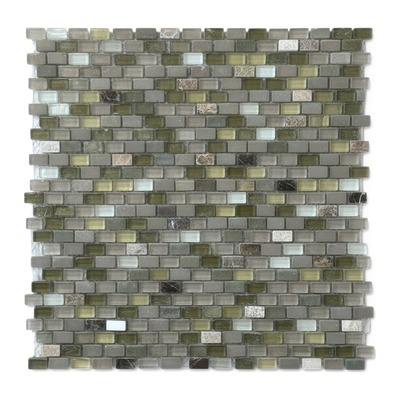 Mosaïque mini-briques, cristal vert olive, kaki et beige, accents pierre emperador