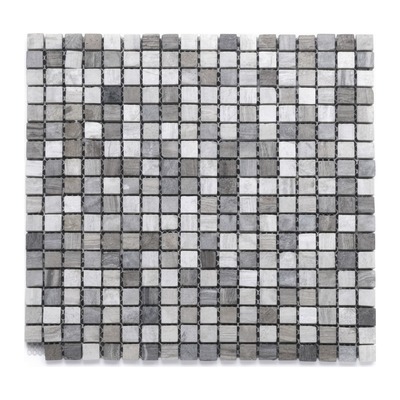 Mosaïque trame 2 cm, mélange de marbres gris veinés bois, finition adoucie