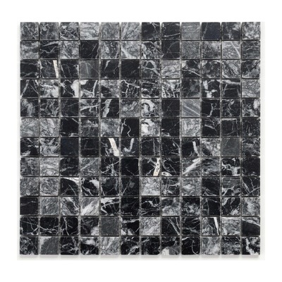 Mosaïque trame 2,5 cm, marbre noir et charbon aux fines veines blanches, finition adoucie