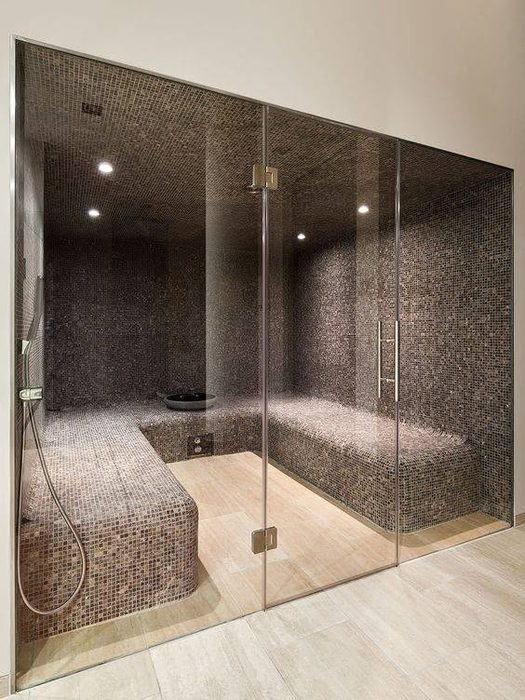 Hammam vitré, mosaïque bronze, cristal