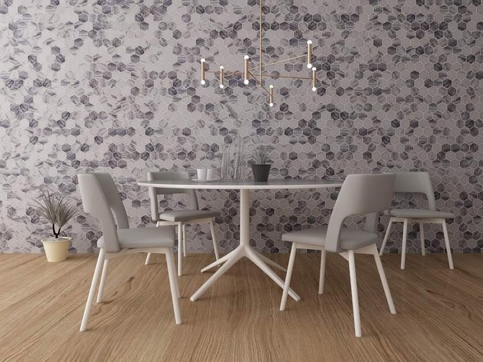 Salle à manger, mur en hexagones de marbre, marbre
